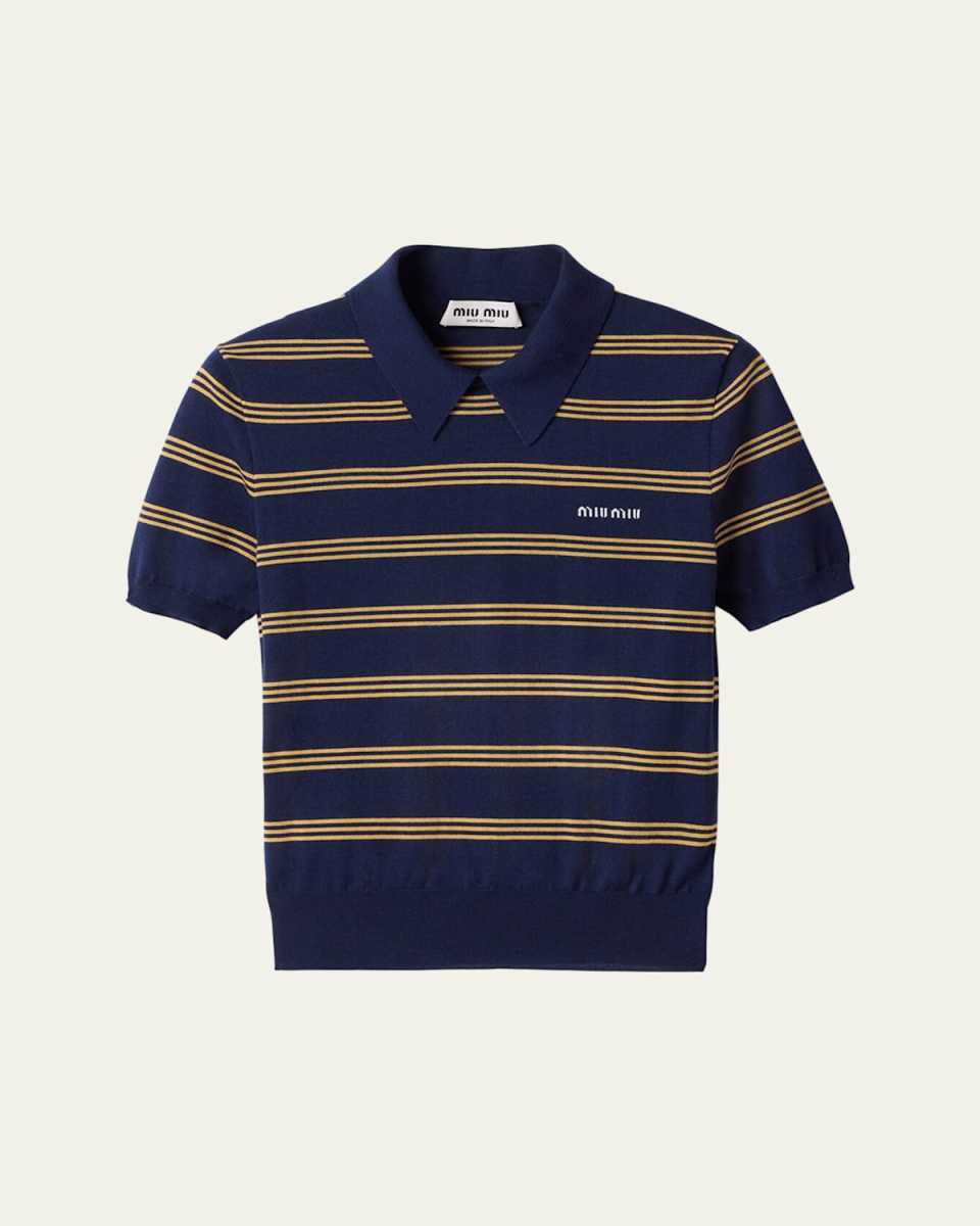Stripe Short-Sleeve Polo Cashmere Silk Sweater